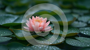 Soft pink water lily in full bloom on a tranquil water surface