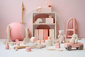 Soft pink wooden construction blocks, shapes, balls and a shelf for building a children\'s toy for playing. Brain and skill
