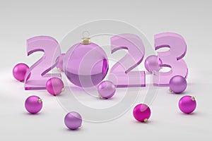 Soft purple glass style Christmas mood sign 2023 Modern Minimal New Year Concept- 3D render Illustration