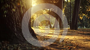 Soft rays of sunlight filter through the tall trees casting dappled shadows along the pathway