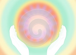 Soft retro orange, green, yellow healing aura, energy field with 2 hands - grainy gradient background