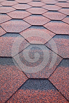 Soft roof, roof tiles. Flexible shingles, Roof tiling texture. photo