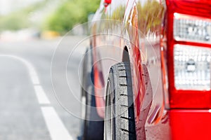 Soft rubber surface after burning tyre of dragster car