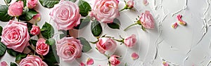 Soft and Serene: Delicate Pink Roses Blooming on Pure White Background
