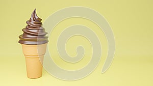 Soft serve ice cream of chocolate flavours on crispy cone on yellow background.,3d model and illustration