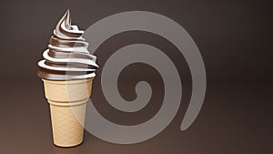 Soft serve ice cream of chocolate and milk flavours on crispy cone on brown background.,3d model and illustration