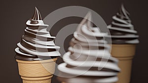 Soft serve ice cream of chocolate and milk flavours on crispy cone on brown background.,3d model and illustration