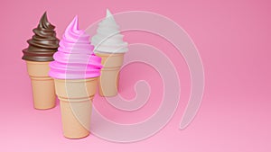 Soft serve ice cream of chocolate, vanilla and strawberry flavours on crispy cone on pink background.,3d model and illustration