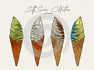 Soft serve ice-cream collection. Hand draw sketch vector