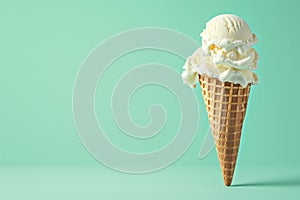 Soft serve ice cream cone on pastel mint colored background. Food cold dessert