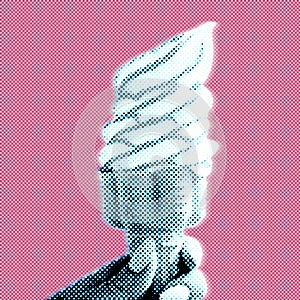 Soft serve ice cream in a cone pop art style on pink background