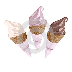 Soft serve Ice Cream Cones - strawberry, vanilla and chocolate ice creams or frozen custards in cone isolated on white background.