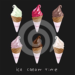 Soft serve Ice Cream Cones - strawberry, vanilla and chocolate ice creams or frozen custards in cone isolated on white background.