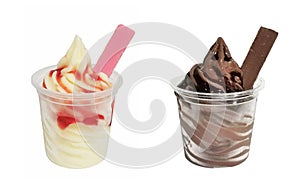 Soft serve ice cream in a cup with topping