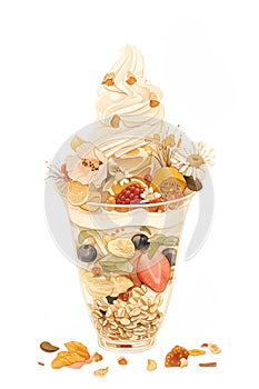 Soft serve ice cream frozen yogurt with different fruits, grains toppings