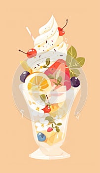 Soft serve ice cream frozen yogurt with different fruits toppings illustration
