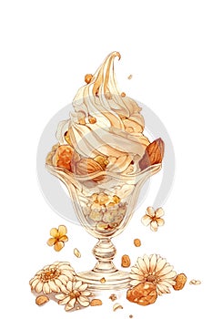 Soft serve ice cream frozen yogurt with nuts dates and figs toppings illustration
