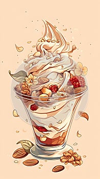 Soft serve ice cream frozen yogurt with nuts and fruits toppings illustration