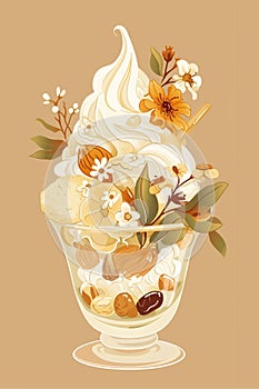 Soft serve ice cream frozen yogurt with nuts toppings illustration