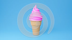 Soft serve ice cream of strawberry flavours on crispy cone on blue background.,3d model and illustration