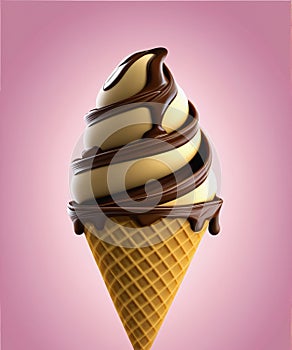 Soft serve ice cream in wafer style cone. Chocolate and cream 3d realistic vector icons