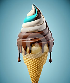 Soft serve ice cream in wafer style cone. Chocolate and cream 3d realistic vector icons