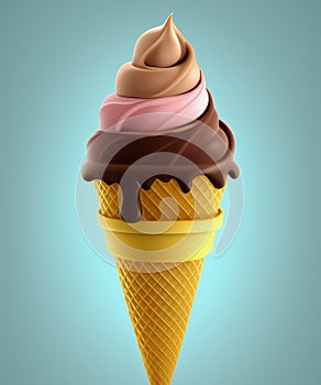 Soft serve ice cream in wafer style cone. Chocolate and cream 3d realistic vector icons