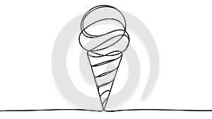 Soft serve ice cream in waffle cone in continuous line art drawing style. Black line sketch on white background.