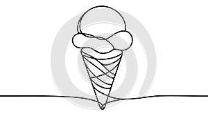Soft serve ice cream in waffle cone in continuous line art drawing style. Black line sketch on white background.