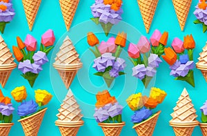 Soft Serve Ice Creams in flowerfilled ice cream cones against a blue backdrop