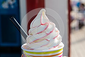 Soft serve strawberry vanilla ice cream at Coney Beach in Wales