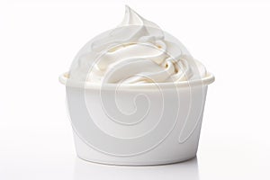 Soft serve vanilla ice cream in cup on white background