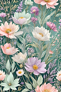 Soft shades of blush, lavender, mint green, creating intricate wildflowers, gentle washes, fine brushstrokes, floral pattern