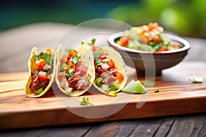 soft shell beef tacos with salsa and guac on wooden board