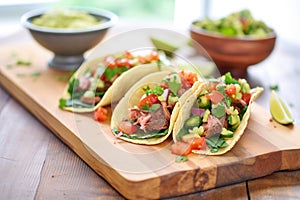 soft shell beef tacos with salsa and guac on wooden board