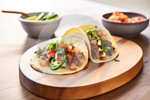 soft shell beef tacos with salsa and guac on wooden board photo