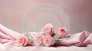 the soft silk background adorned with a bouquet of pink roses, with ample space for text. The minimalist style