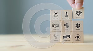 Soft skills concept. Used for presentation, banner. Hand puts wooden cubes with icons of `SOFT SKILLS` ; creativity, EQ, Problem