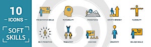 Soft Skills icon set. Include creative elements team spirit, personality, self-promotion, motivating, negotiation icons. Can be