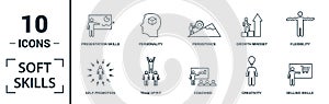 Soft Skills icon set. Include creative elements team spirit, personality, self-promotion, motivating, negotiation icons. Can be