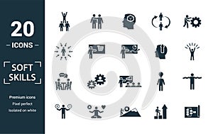 Soft Skills icon set. Include creative elements team spirit, personality, self-promotion, motivating, negotiation icons. Can be