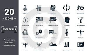 Soft Skills icons set collection. Includes simple elements such as Team Spirit, Empathy, Personality, Communication, Assertiveness