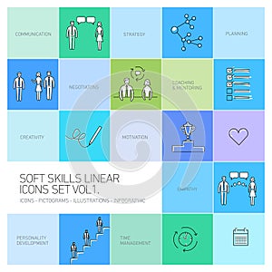 Soft skills linear icons and pictograms set photo