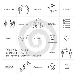 Soft skills linear icons and pictograms set photo
