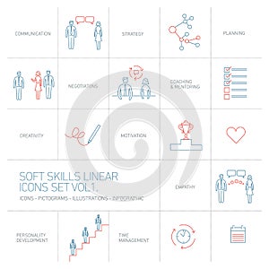 Soft skills linear icons and pictograms set blue and red photo