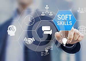 Soft skills and personal development for professionals and HR concept with teamwork, communication, leadership, emotional