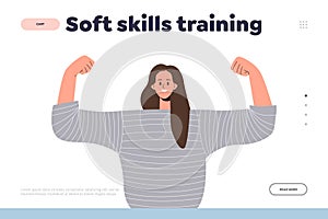 Soft skills training landing page with happy smiling woman freelancer character showing muscle