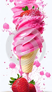 Soft strawberry ice cream cone with swirl splash. Vector ads promo poster with realistic icecream in waffle cup with berries and