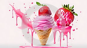 Soft strawberry ice cream cone with swirl splash. Vector ads promo poster with realistic icecream in waffle cup with berries and