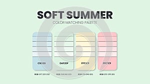 Soft summer color guide book cards samples. Color theme palettes or color schemes collection. Colour combinations in RGB or HEX.